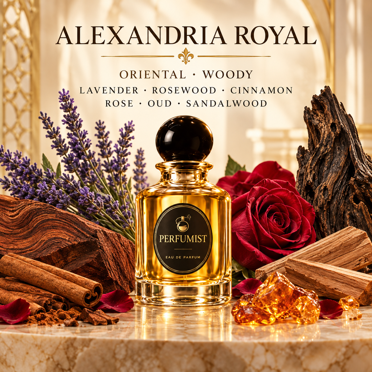 Alexandria Royal fragrance notes and accords: Lavender · rosewood · cinnamon, Rose · oud · sandalwood