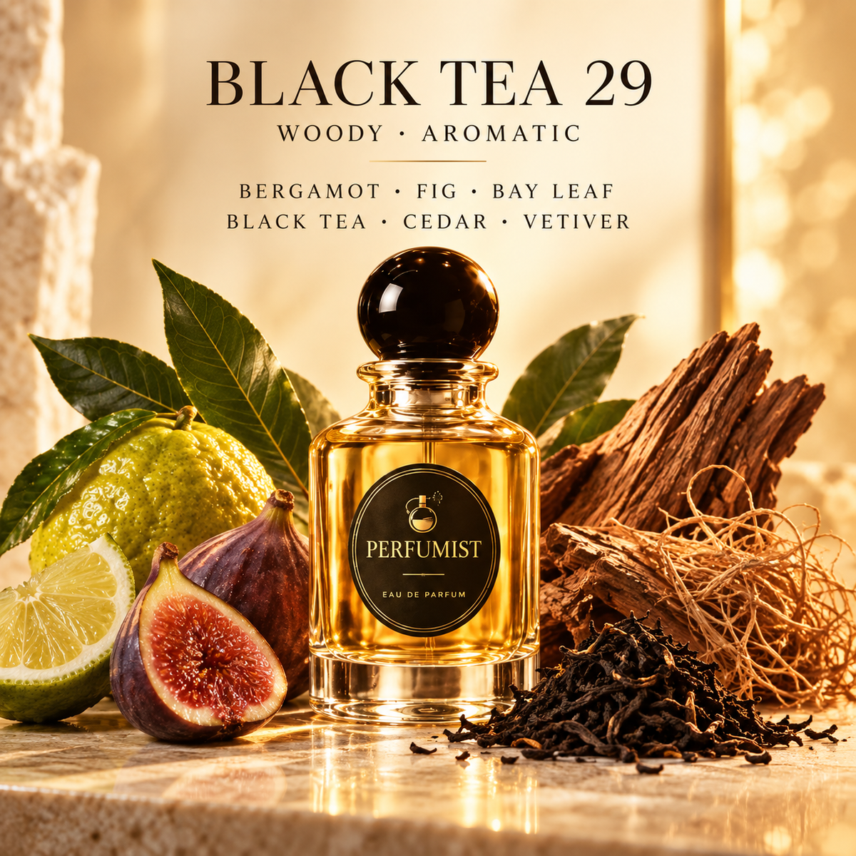 Black Tea 29 fragrance notes and accords: Bergamot · fig · bay leaf, Black tea · cedar · vetiver