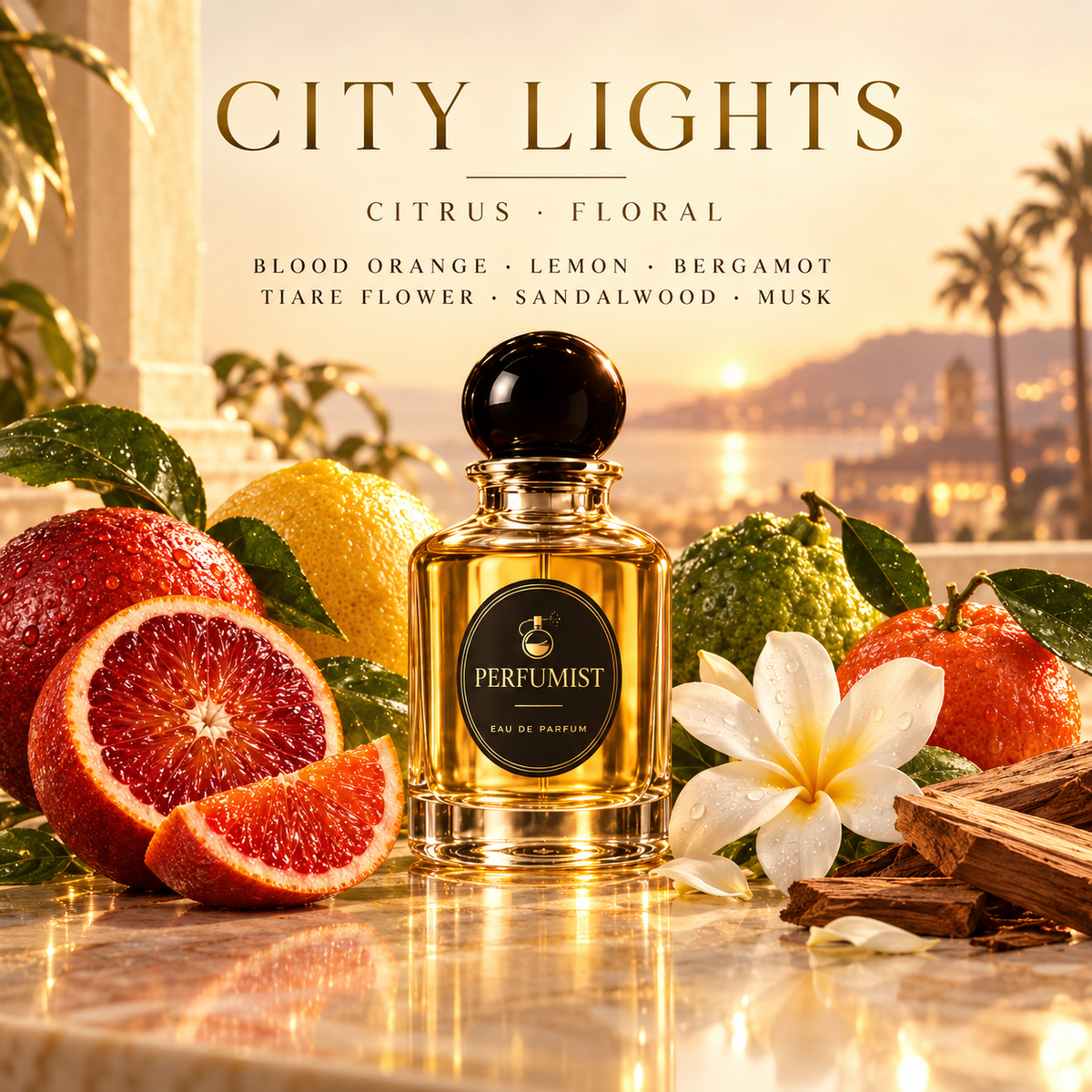 City Lights fragrance notes and accords: Blood orange · lemon · bergamot, Tiare flower · sandalwood · musk