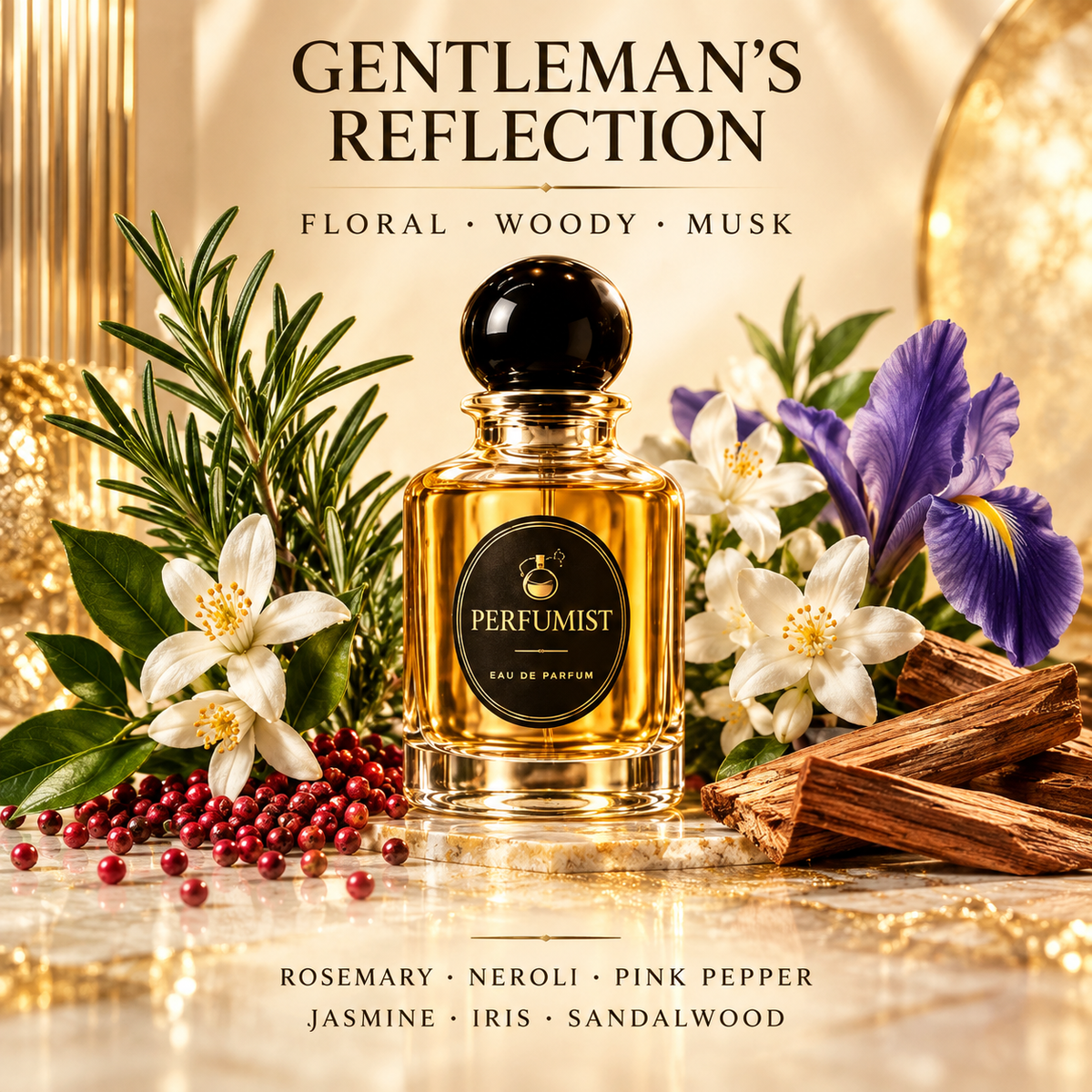 Gentleman's Reflection fragrance notes and accords: Rosemary · neroli · pink pepper, Jasmine · iris · sandalwood