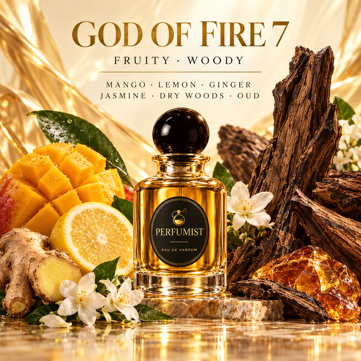 God of Fire 7 fragrance notes and accords: Mango · lemon · ginger, Jasmine · dry woods · oud