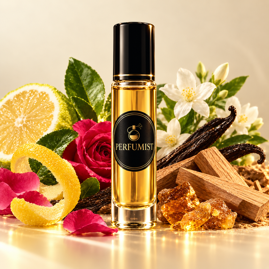 Perfume Oil Roll-On visual with citrus, florals, vanilla, sandalwood and amber