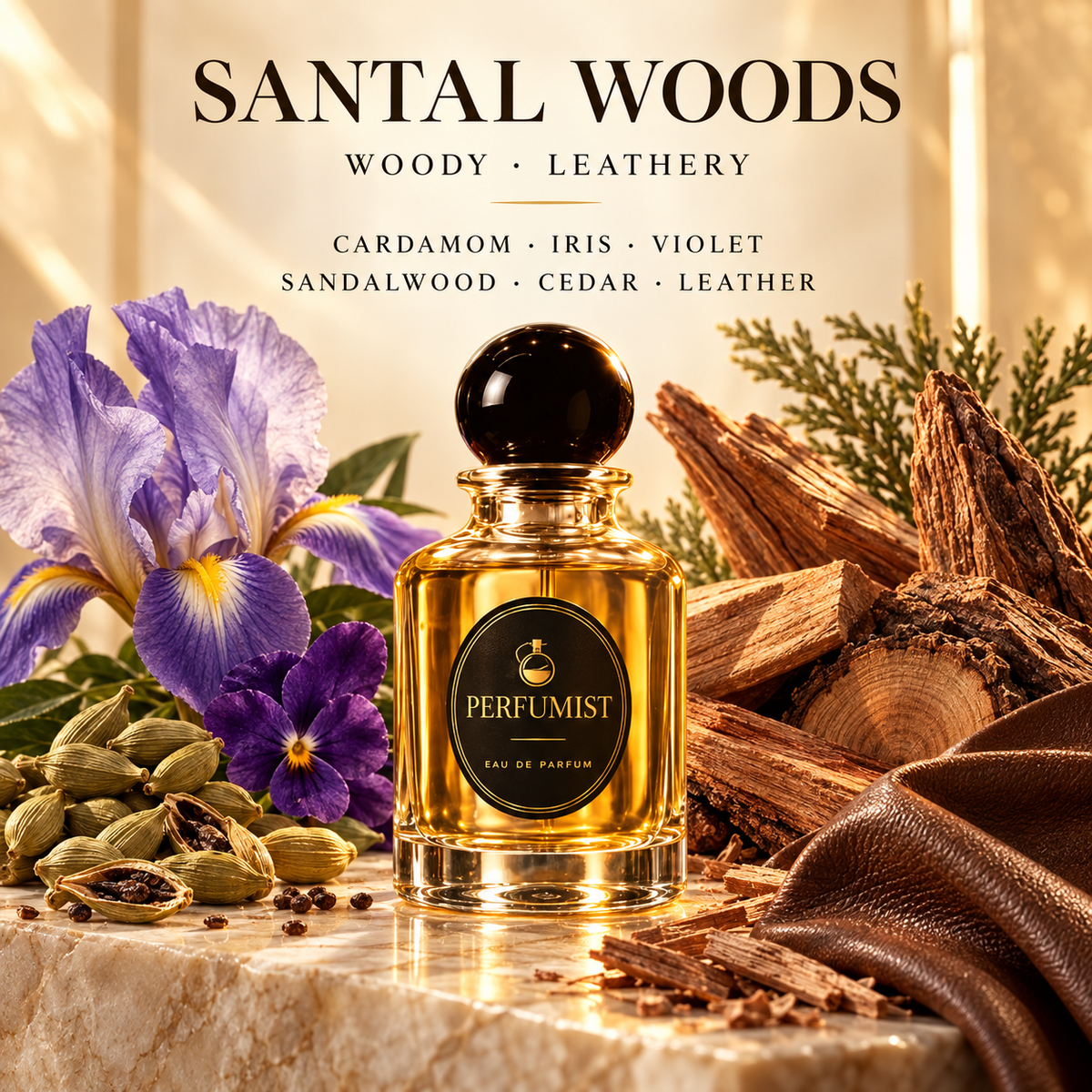Santal Woods fragrance notes and accords: Cardamom · iris · violet, Sandalwood · cedar · leather