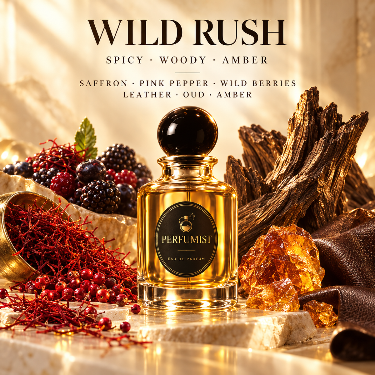 Wild Rush fragrance notes and accords: Saffron · pink pepper · wild berries, Leather · oud · amber